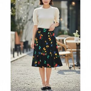 Women's A Line Midi Skirt Black Sz 6 Petite Butterfly Floral Whimsical  Cottage